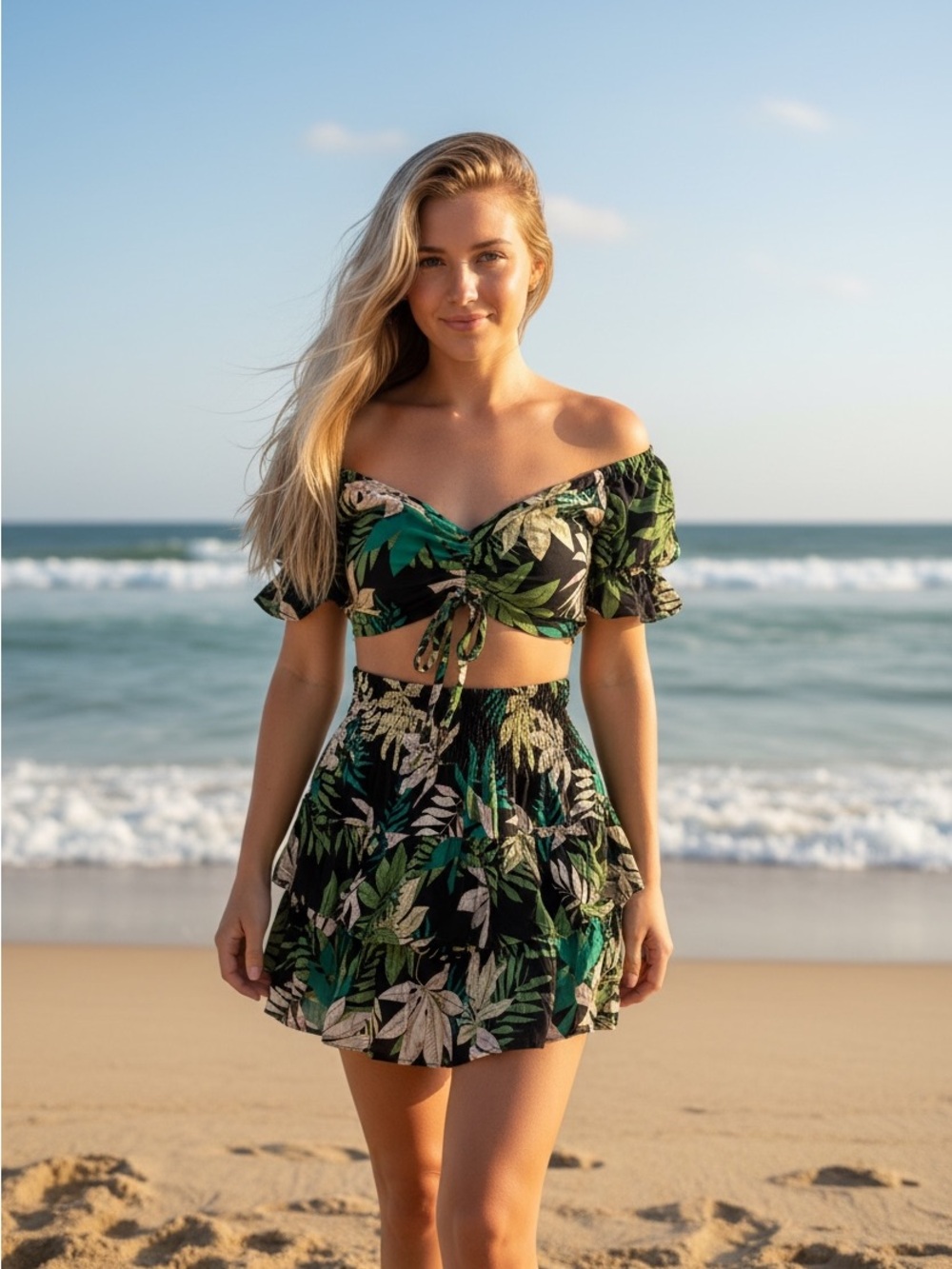 Tropical Leaf Two-Piece Crop Top & Skirt Set - Black & Green